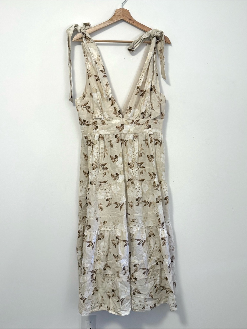 House of Harlow 1960 Floral Linen Blend Maxi Dress L Tie Strap Boho Tiered